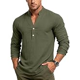 Men's Linen Long Sleeve Shirt Button Long Sleeve Henley Shirt Dry Fit V-Neck Casual Tee