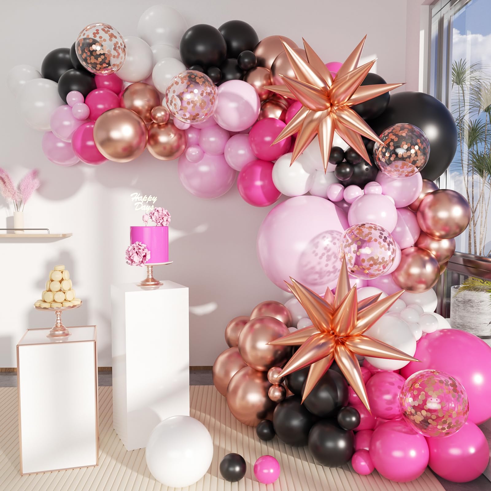 MEBAY Hot Pink Black and White Balloon Garland Arch Kit, 156Pcs Black Pastel Pink White Rose Gold Balloons with Exploding Star for Birthday Mean Girls Boss Baby Barbie Minnie