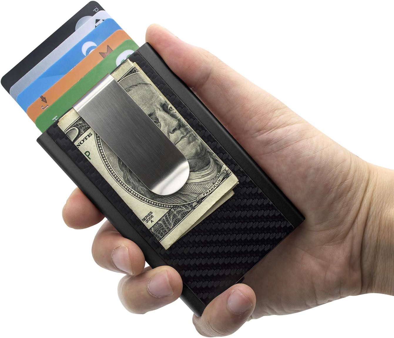 RFID Mens Minimalist Wallet Metal - Front Pocket Pop Up Wallet for Men - Carbon Fiber Money Clip Wallet Aluminum - Slim Credit Card Holder Case RFID Blocking - Mens Wallet with Money Clip