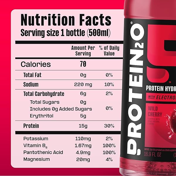 PROTEIN2O HYDRATION DRINK – 2-IN-1 LIQUID CLEAR WHEY PROTEIN ISOLATE AND ELECTROLYTE DRINK – 15G PROTEIN, VITAMINS B5, B6 – POST-WORKOUT RECOVERY – 16.9 FL OZ – 12 COUNT WILD CHERRY