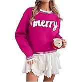 LUKYCILD Christmas Sweaters for Women Merry Sweater Long Sleeve Crewneck Sweaters Rib-Knit Sweatshirt Xmas Pullover Tops