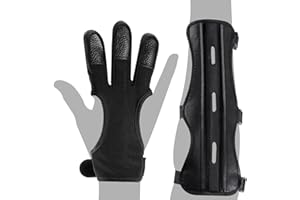 MARRTEUM 2 Pcs Archery Glove & Arm Guard Kit Leather PU Archery Bracer Three Finger Guard Protective Gear Accessories for Men Women & Youth