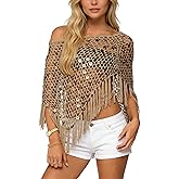 Women Sheer Poncho Tops Crochet Knit Tassels Sequin Shrug Bolero Hollow Out Cover Ups Pullover Shawl