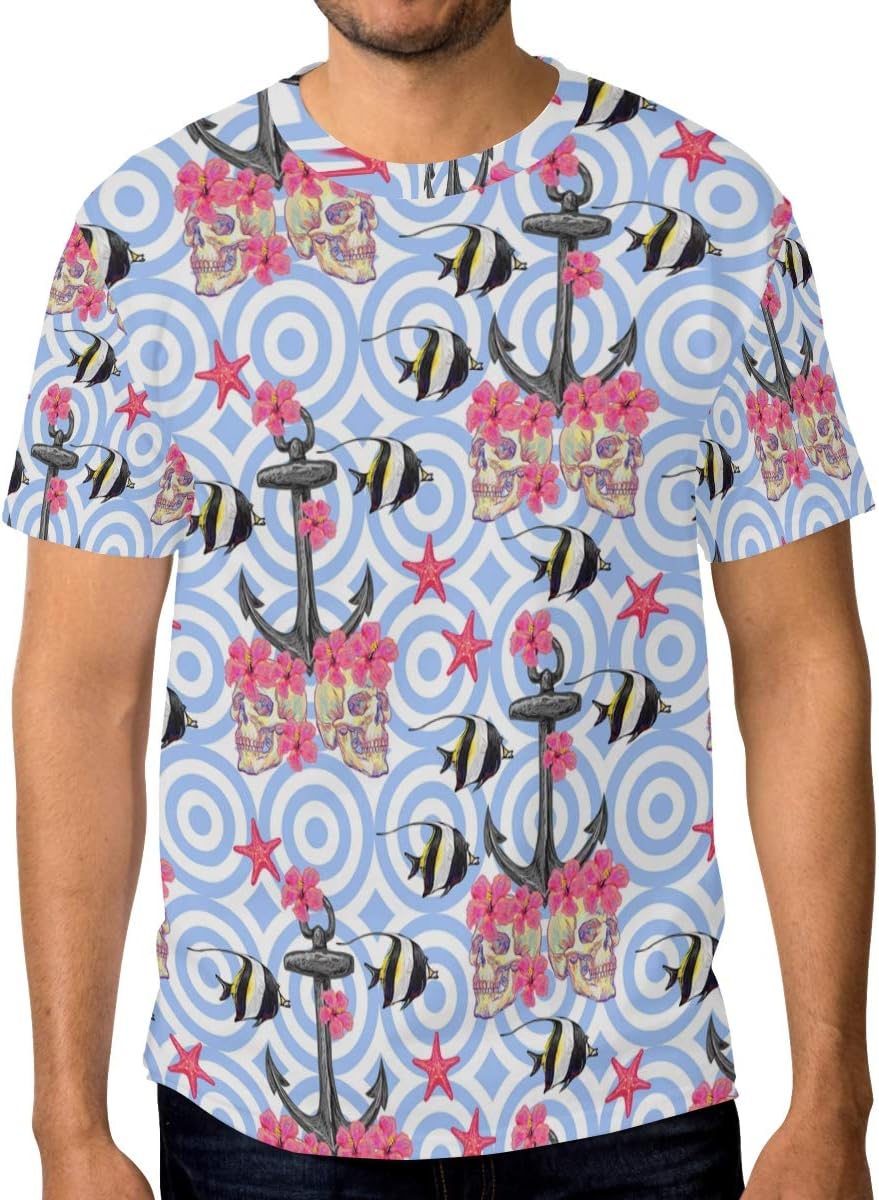 XiangHeFu T Shirt for Men Boys Flower Skull Fish Anchor Ocean Seamless Pattern Custom Short Sleeve