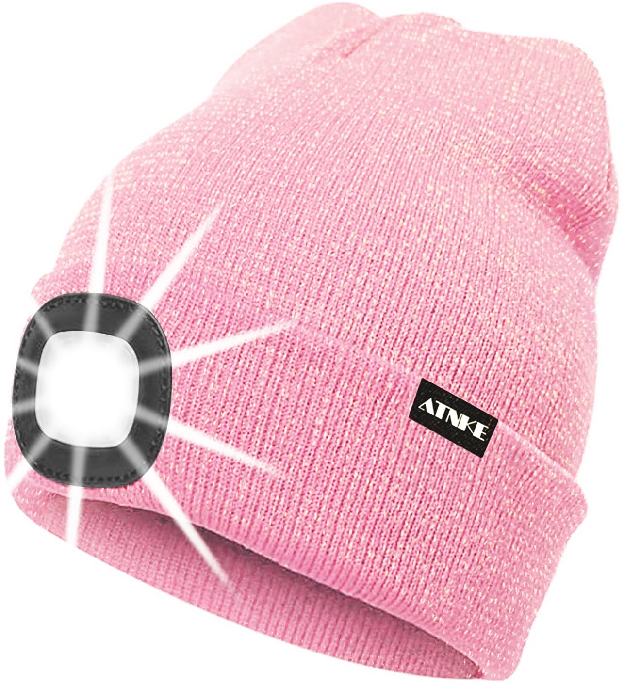 ATNKE LED Lighted Beanie Cap,USB Rechargeable Running Hat Ultra Bright 4 LED Waterproof Light Winter Warm Gifts for Men and Women/Blended Pink Goldwire