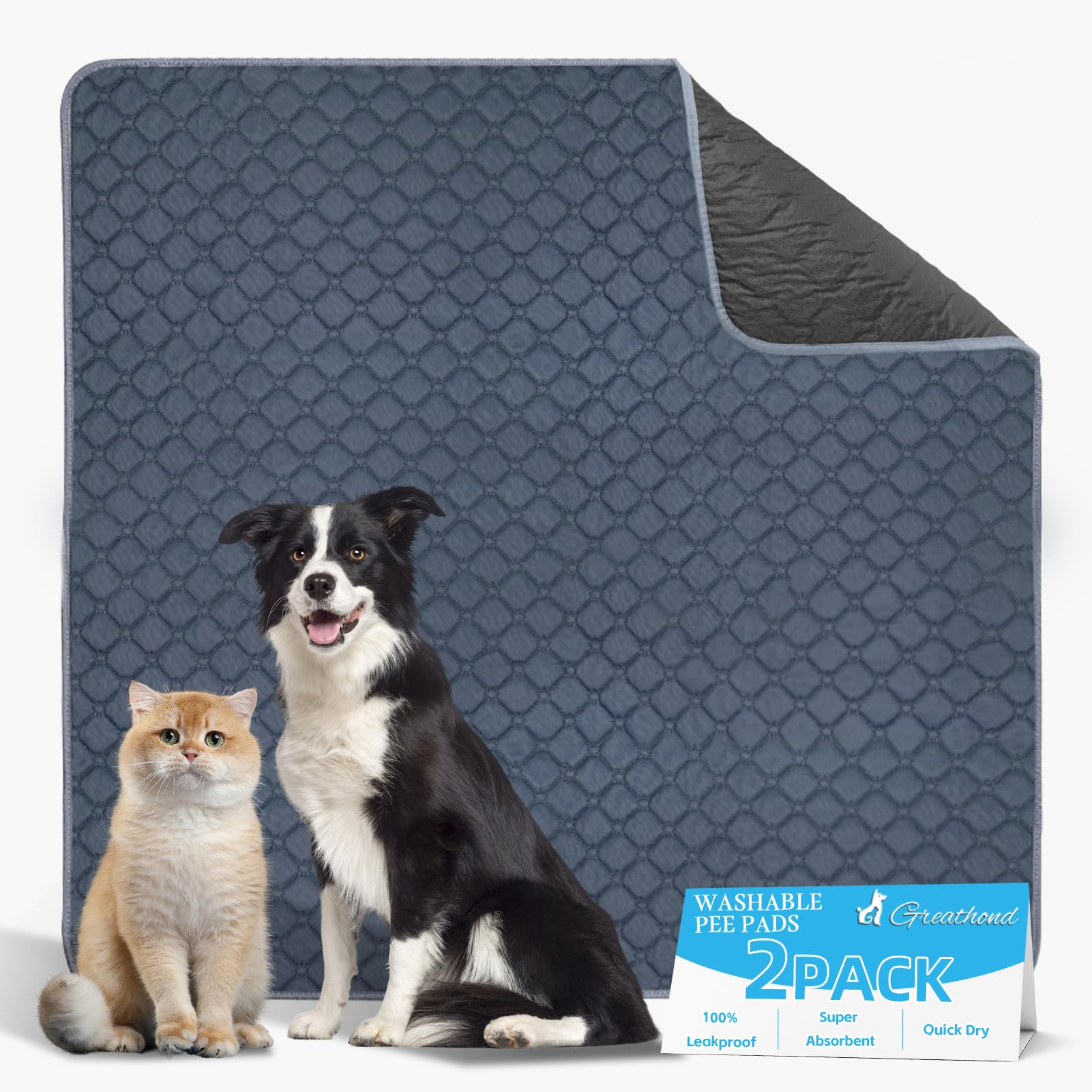 Photo 1 of 2 Pack Washable Pee Pads for Dogs, 47"x47" Reusable Pee Pads Waterproof Whelping Mats, Absorbent Prevent Leakage Non-Slip Puppy Training Dog Pads for Playpen Potty Bed Crate, Grey