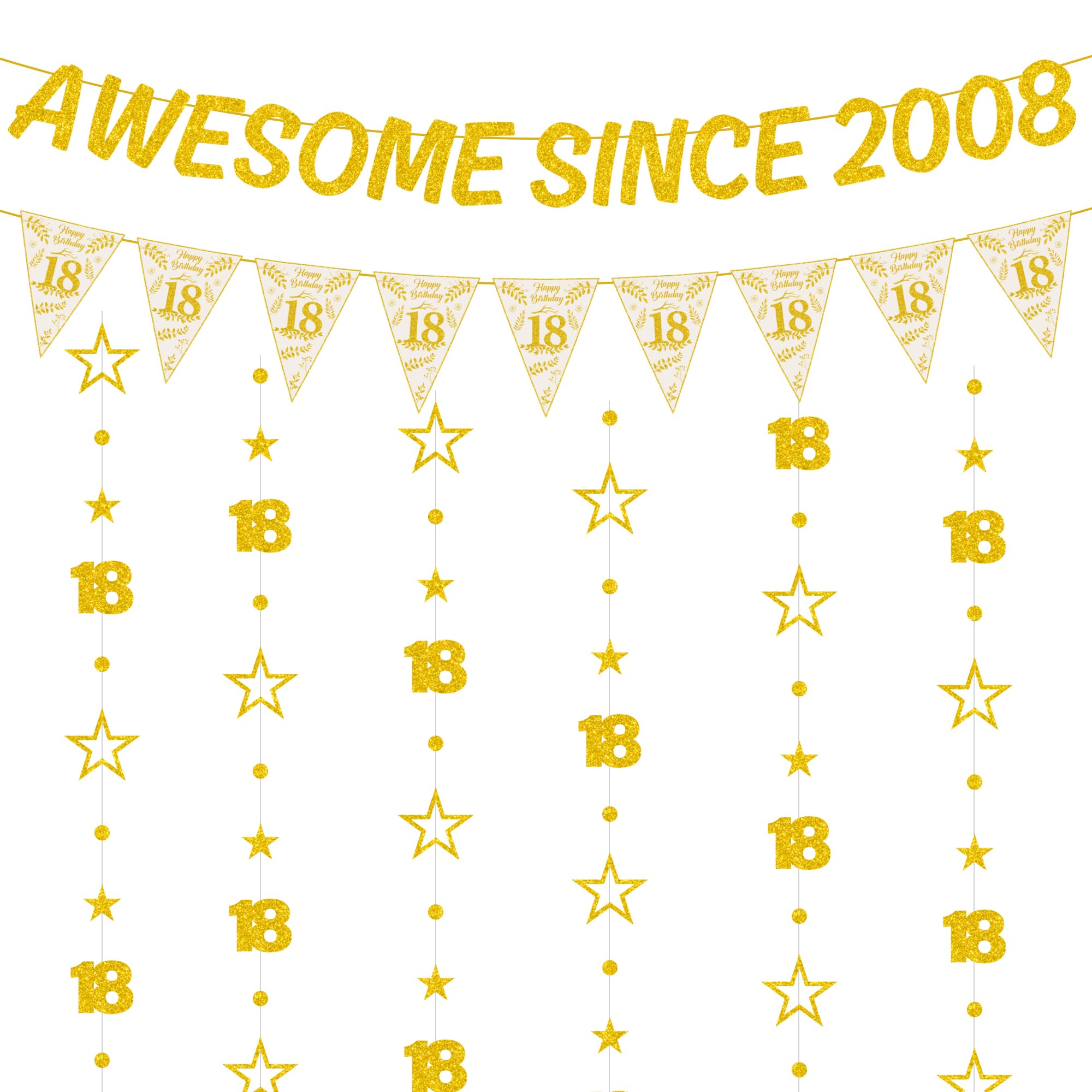 18th Birthday Decorations Girls Boys - 8 Pcs Gold Awesome Since 2008 Banner, Triangle Flag and Hanging Garland With Sparkling Gold Stars and 18 Number for 18th Party Supplies