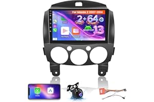 NHOPEEW [2G+64G] for Mazda 2 2007-2014 Android 13 Radio - 9 Inch HD Touch Screen Stereo - Wireless Apple CarPlay and Android Auto, Mirror Link, WiFi, GPS Navigation, EQ, SWC + AHD Backup Camera + Mic
