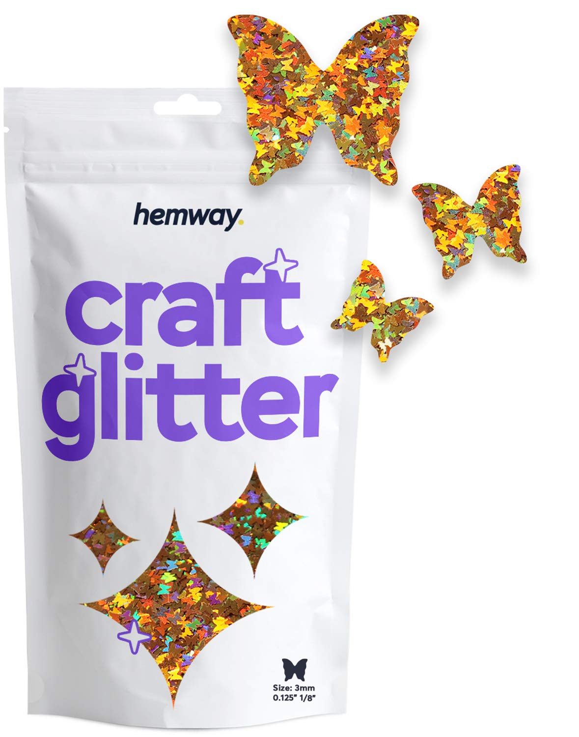 Hemway Craft Glitter Butterfly Shape, 50g, Gold Holographic | Shaped Glitter for Crafts, Resin, Cosmetic, Nail, Face, Body, Festival, Tumblers, Art, Crafting