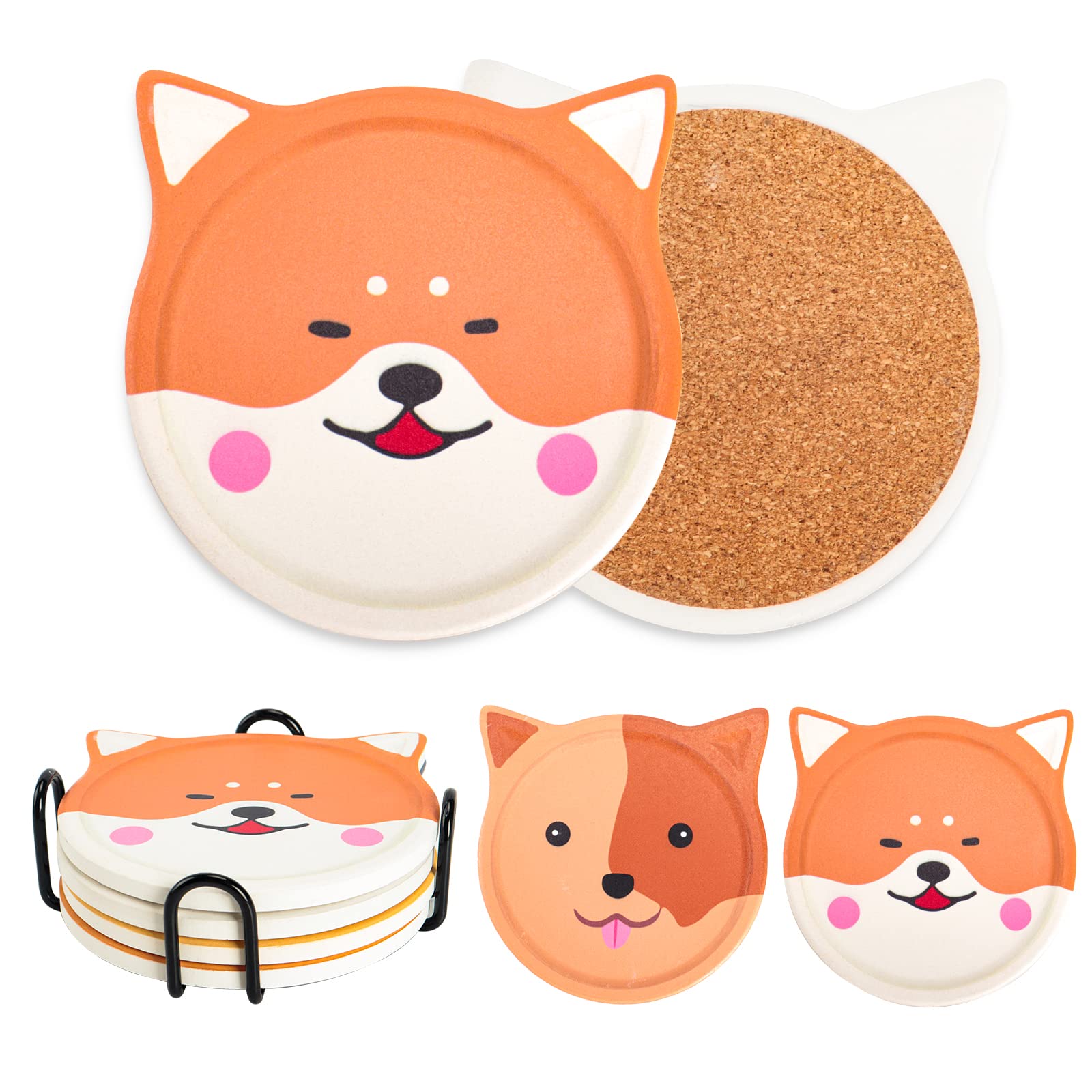 Drink Coasters with Holder, Absorbent Coaster Sets of 4, Cat/Dog Pattern Ceramic Drink Coaster for Tabletop Protection,Suitable for Kinds of Cups, Wooden Table,4 Inches