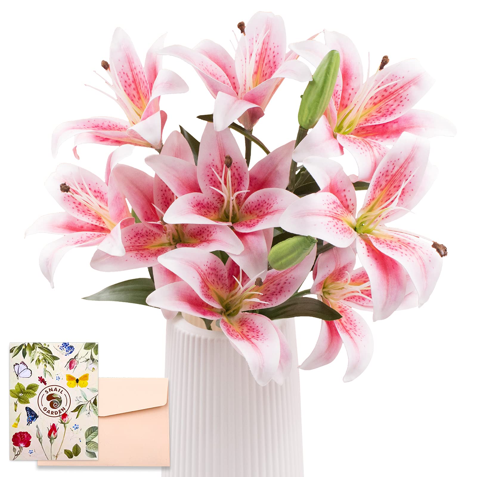 SNAIL GARDEN 12 Heads Artificial Lily Flowers - Long Stem With 9 Full Bloom & 3 Buds - Faux Tiger Lily Bouquets for Home, Hotel, Party Decor (Pink White)