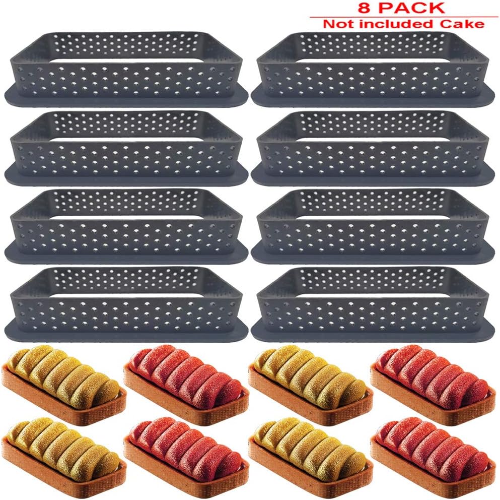 JoyFan 8PCS Cake Mold Non Stick Bakeware Perforated Cutter Rectangle-Shape Mousse Circle RingDessert DIY Tart Decorating