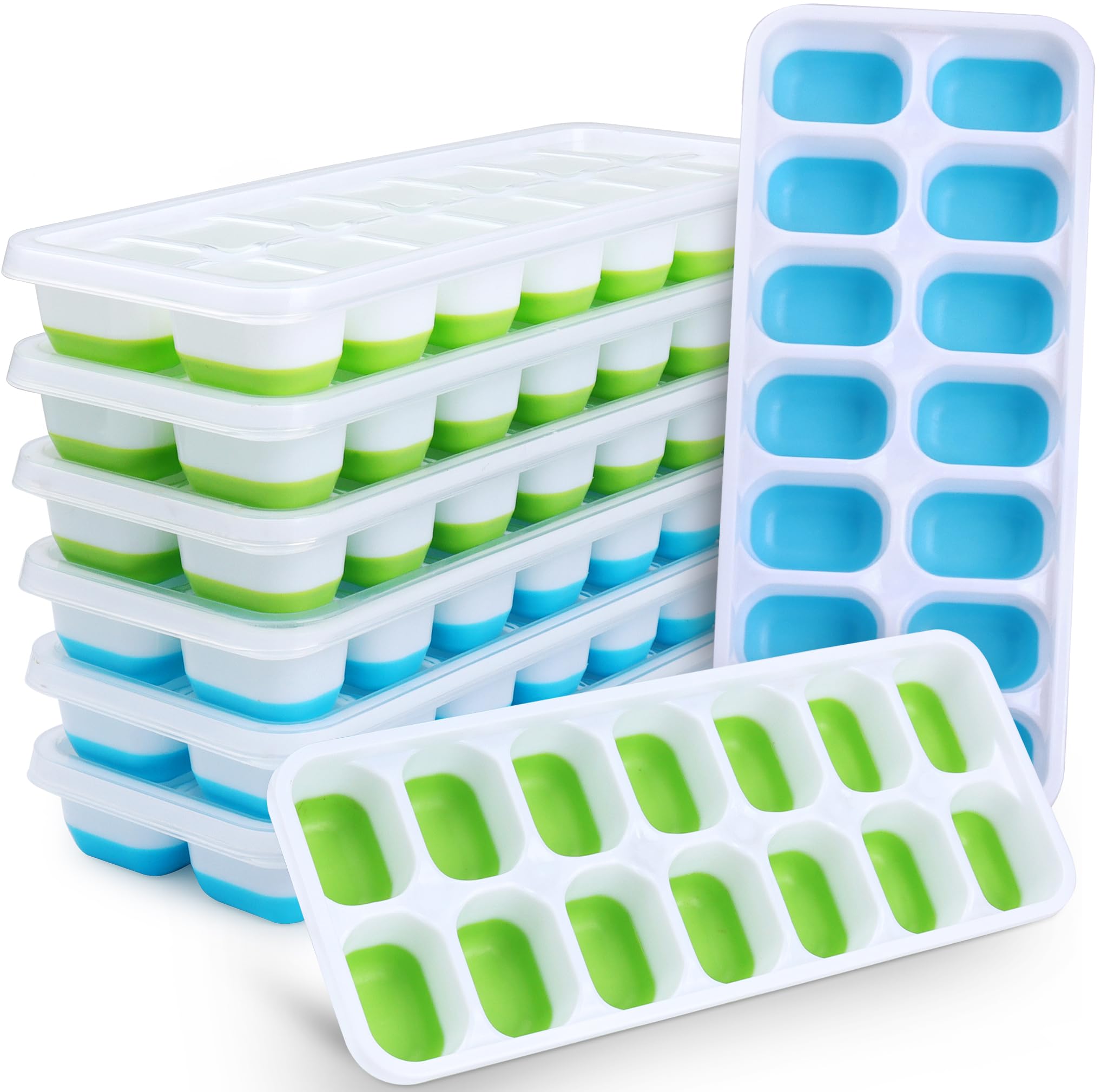 Photo 1 of Silicone Ice Cube Tray, 8 Pack Easy-Release & Flexible 14-Ice Cube Trays with Spill-Resistant Removable Lid, Stackable Ice Trays with Covers for Freezer, Cocktail (4 Blue + 4 Green)