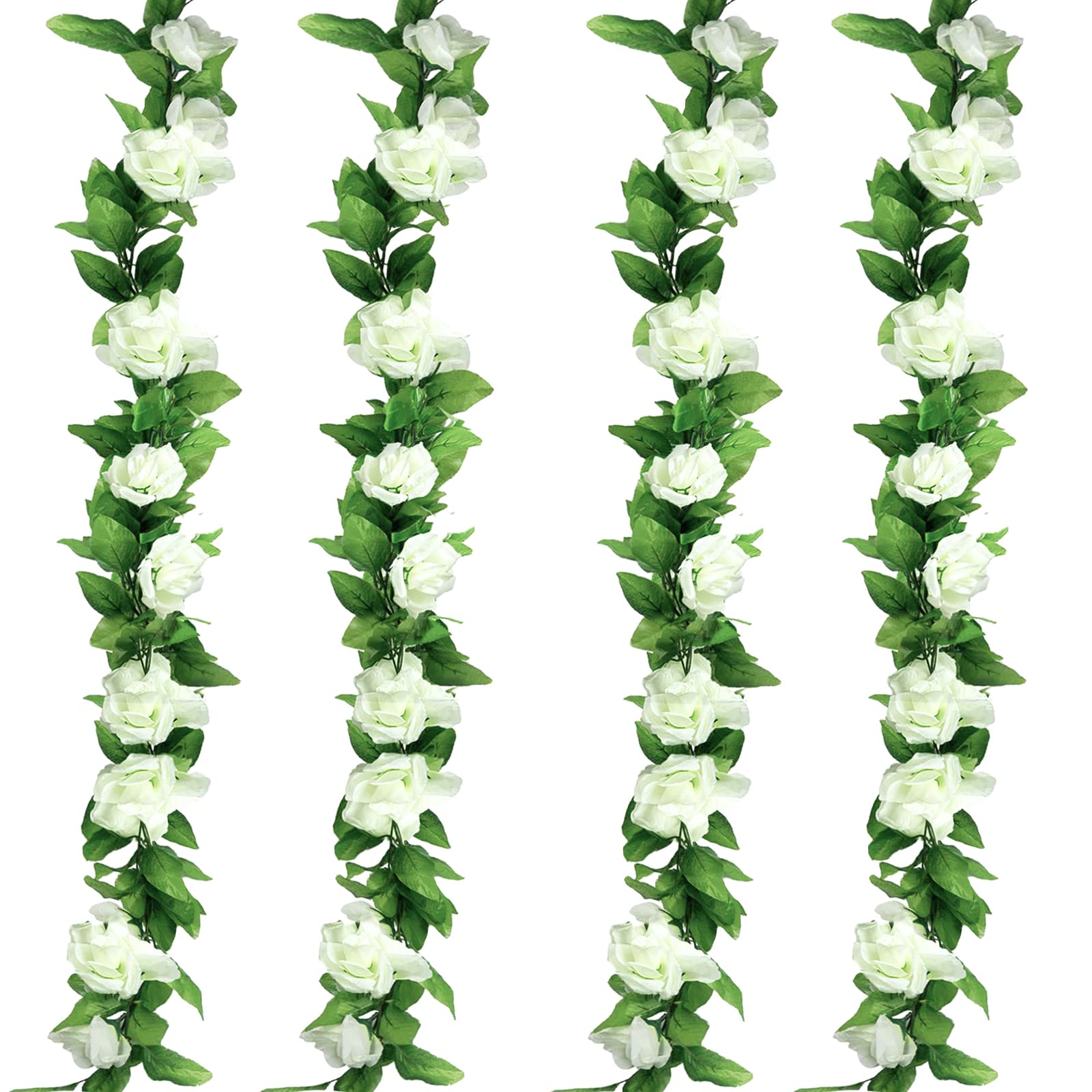 4x8FT Artificial Flowers Garland, 4 PCS Artificial Rose Flower Vines for Decoration Faux Floral Garlands for Decor Fake Hanging Plants for Outdoor Indoor Home Wedding Arch Party Decoration, White