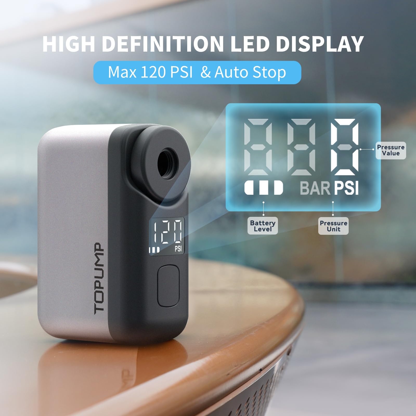 TOPUMP Mini Fahrradpumpe, Elektrische Fahrradluftpumpe mit Manometer, Ultrakleine 120PSI Akku Fahrradpumpe mit Presta und Schrader-Ventil, Auto Stopp, für Rennrad, Mountainbike und Stadtrad 3