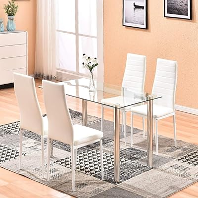 4HOMART 5-Piece Glass Dining Table Set with 4 Chairs - White