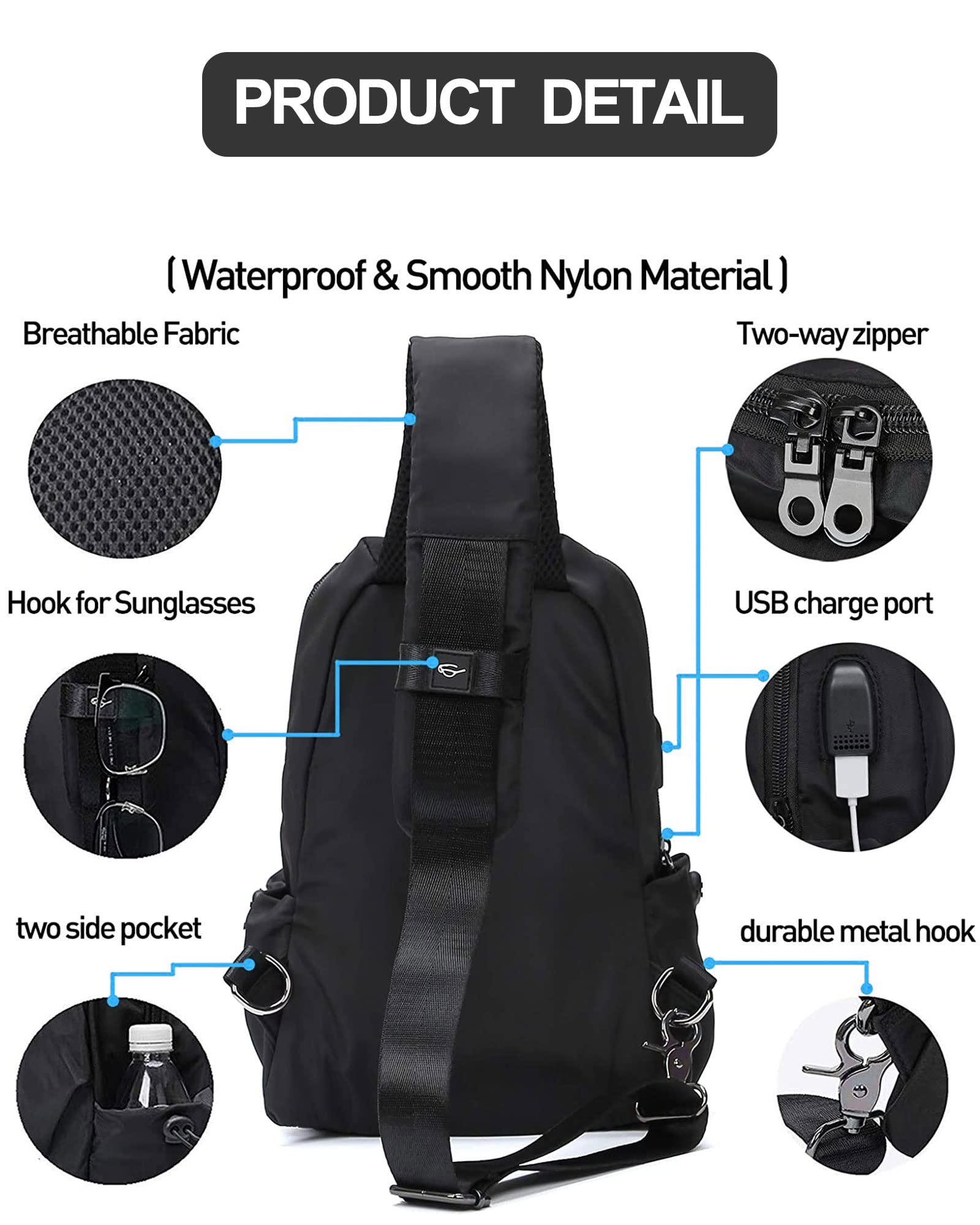 Small Black Sling Crossbody Backpack Shoulder Bag for Men Women, Lightweight One Strap Back Pack Sling Bag Backpack for Hiking Walking Biking Travel Cycling USB Charger Port-Nylon