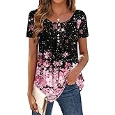 Zeagoo Women Tunic Tops Dressy Casual Summer Short Sleeve Shirts Floral Loose Fit Pleated Boho Top S-XXL