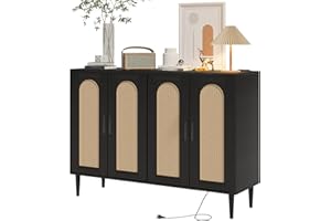 GarveeHome Sideboard Buffet Cabinet, 4 Rattan Doors Accent Storage Cabinet, Console Table Coffee Bar with Power Outlet, Adjustable Shelves for Dining Room, Kitchen, Hallway, Living Room, Black