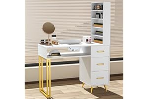 ELEVACHIC Manicure Table Nail Desk w/Electric Dust Collector, Versatile Manicure Station for Nail Tech, Includes Wrist Cushion, Storage Cabinet & Drawers, Shelves, for Salon & Home, White and Gold