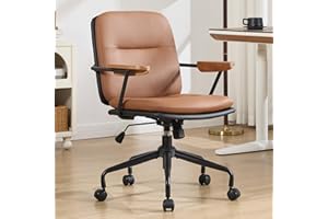 Mid Century Modern Home Office Desk Chair, Ergonomic Computer Chair with Wood Armrests and Backrest, Adjustable Height Rollin