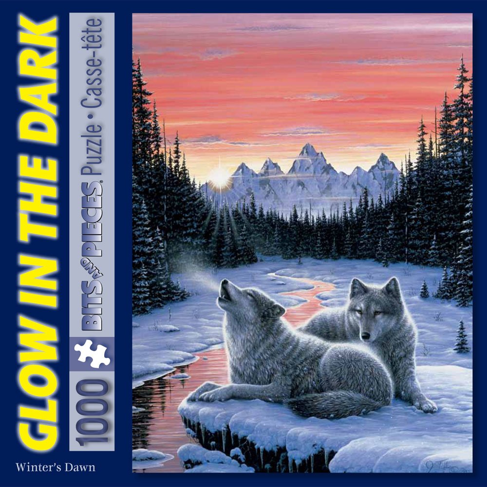 Bits and Pieces - 1000 Piece Glow in the Dark Puzzle - Winter's Dawn, Snowy Winter, Wolf - by Artist Jeff Tift - 1000 pc Jigsaw