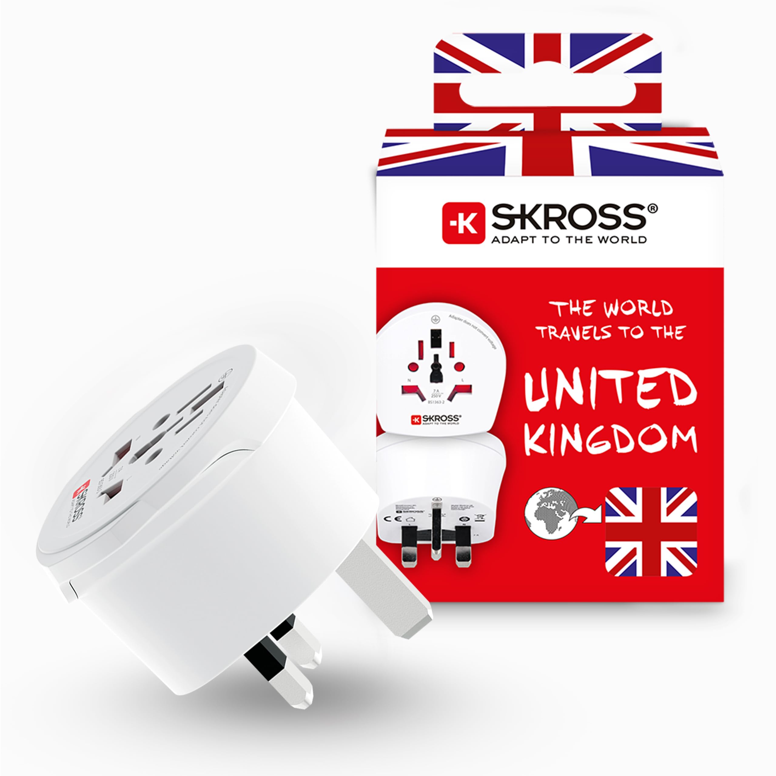 SKROSS World to UK Travel Adapter, International Plug Converter for Visitors to United Kingdom, Compatible with Laptops, Phones, Hairdryers and More, Shock Protection