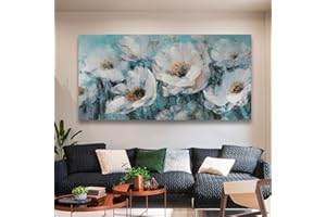 Enartly White Flowers Wall Art Blooming Blue Teal Turquoise Tones Textured Canvas Painting, Large Size Artwork Framed for Bedroom Living Room Bathroom Home Office Wall Decor 40"x20"