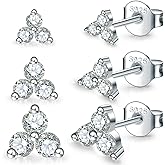EPIRORA Sterling Silver Stud Earrings for Women- 3 Pairs Hypoallergenic White Gold Plated Small Cubic Zirconia Flower Cartilage Earring Set (3mm/4mm/5mm)