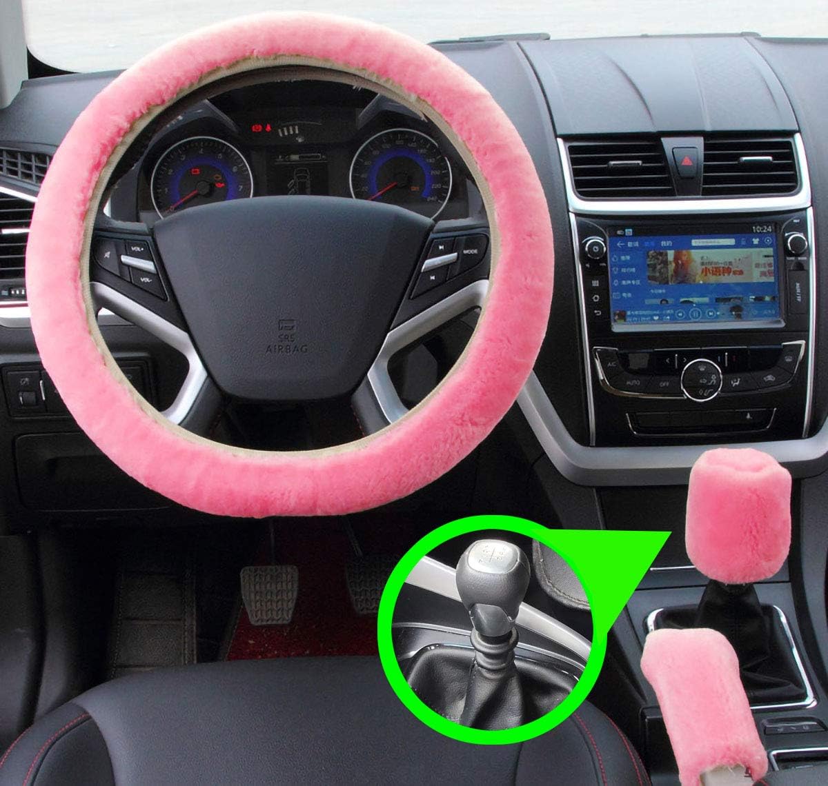 Universal 3Pcs Set Plush Steering Wheel Cover for Women Faux Wool Hand Brake cover&Gear Cover Set Warm Winter car styling interior (pink for Manual)