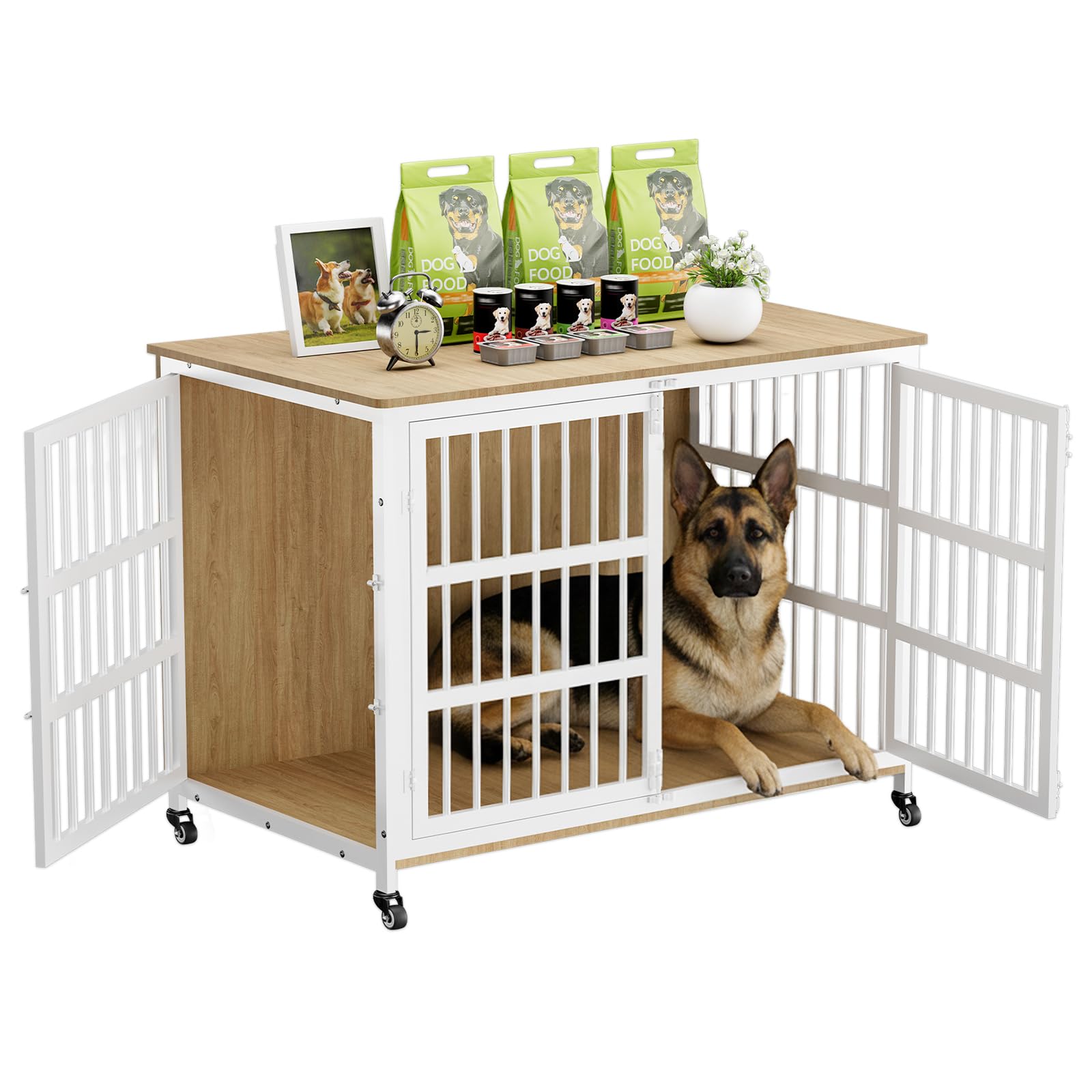 Photo 1 of 46" Dog Crate Furniture with Wheels, XXL Heavy Duty Dog Kennel Indoor for XL Dogs, Metal Chew-Proof Dog Cage, 45.9" L x 27.6" W x 32.4" H, Decorate House as TV Stand, End Table — Natural and White