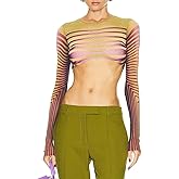 Kasopp Women Mesh Printed Crop Top Shirt Long-Sleeved Slim Cool T-Shirts Modern Punk Street Tops