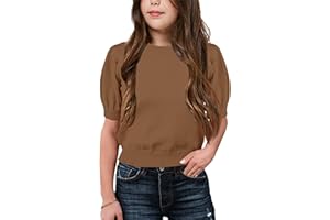 MACNOORA Girls Puff Short Sleeve Sweaters Crewneck Knit Pullover Jumper Kids Solid Color Blouse Tops