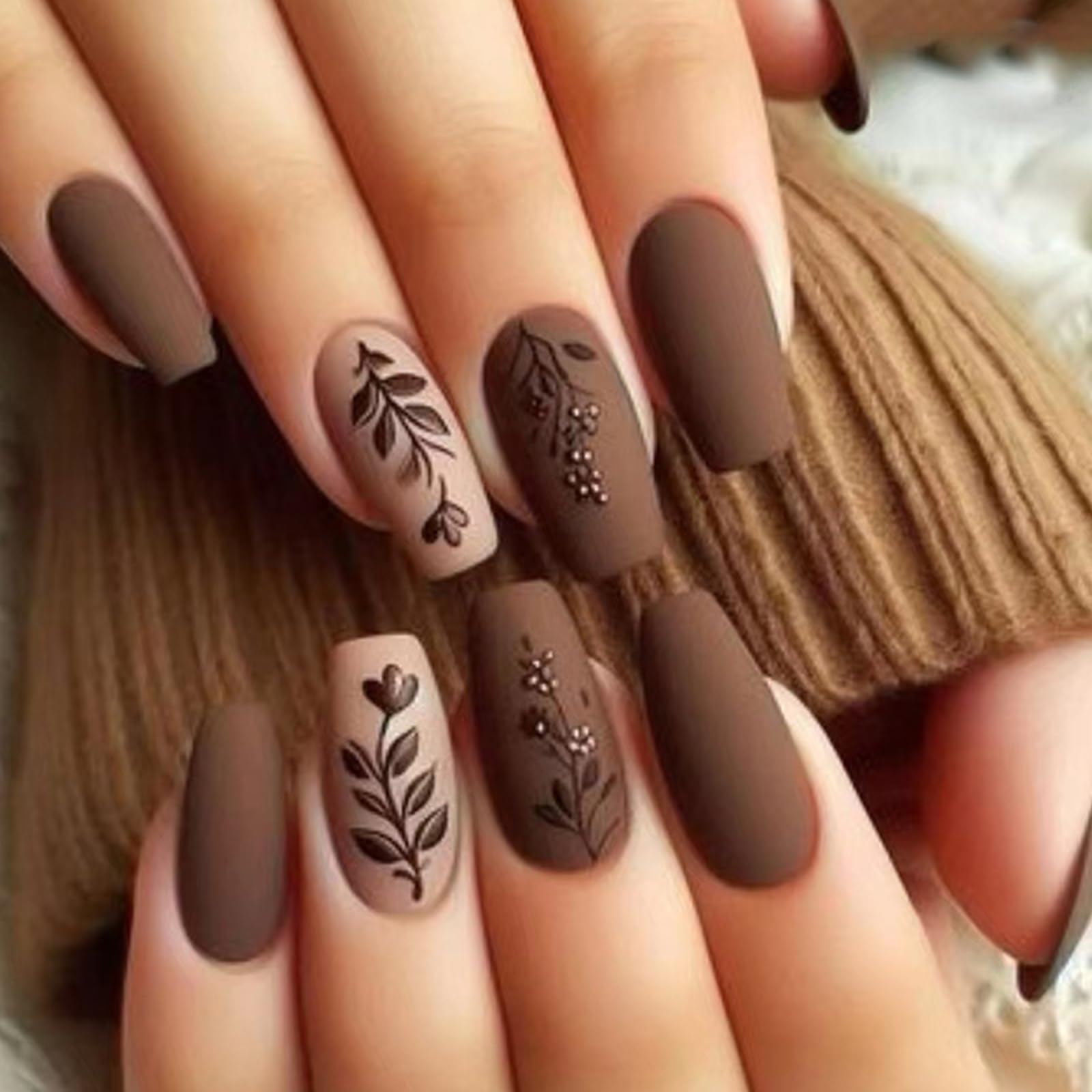 Ceboic 24Pcs Press on Nails Medium Long, Square Frosted Fake Nails Fall Winter Maillard Color False Nails Flowers & Leaves Designs Acrylic Nails, Reusable Full Cover Stick on Nails for Women and Girls