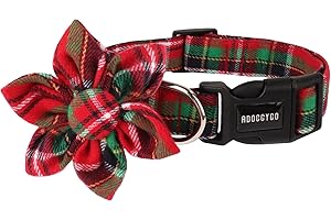 ADOGGYGO Christmas Dog Collar with Detachable Floral, Adjustable Red Green Plaid Christmas Floral Collars for Large Dogs (Large)