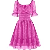 tagunop Women's Summer Casual Dress Smocked Square Neck Mini Dresses Ruffle Short Sleeve Sundress