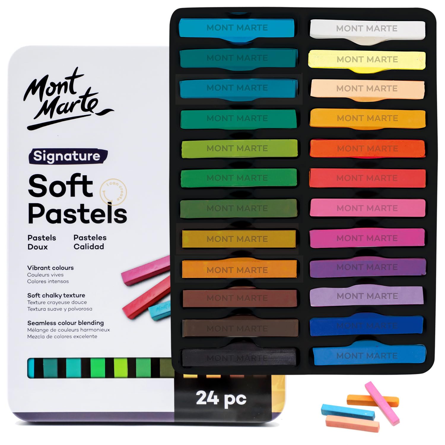 MONT MARTE Soft Pastels in Tin Box Signature 24pc, 24 Assorted Colours, Vibrant Pastel Sticks, Great Blending, Comes in Storage Case, Ideal For Art, Craft, Colouring and Sketching