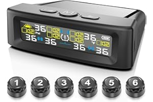 GELOO RV Trailer Tire Pressure Monitoring System w/Solar Charge,TPMS w/6 External sensors & 6 Alarm Modes,LCD Real-time Display,Auto Sleep Mode,Tire Pressure Sensors for RV Trailer Truck Pickup(0-144 PSI)