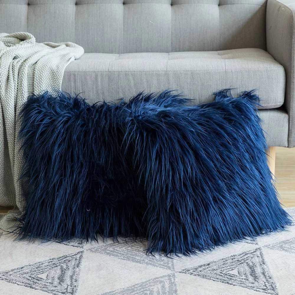 wocharm Pillow Cover Fluffy Soft Decorative Plush Soft Square Pillow covers Pillow Case Faux Fur Cushion Covers For Living Room Sofa Bedroom (Navy 2PCS)