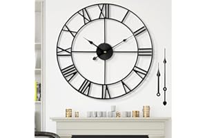Large Nearly Silent Non-Ticking Wall Clock 60 cm，Battery Operated Metal Vintage-Style Round Wall Clock, Black Roman Numerals,