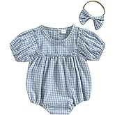 Infant Baby Girl Summer Outfit Plaid Romper Boho Short Sleeve Ruffle Bodysuit with Headband Clothes