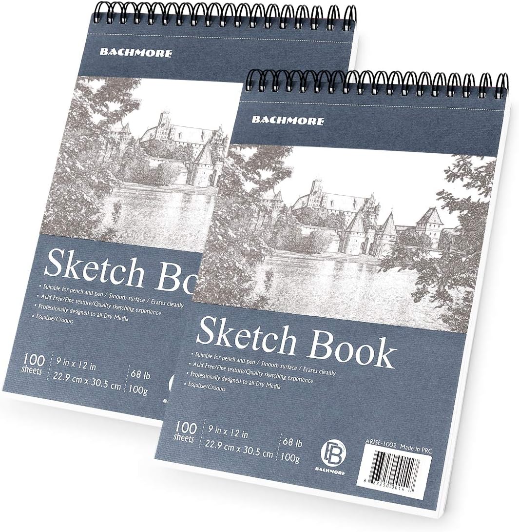 Bachmore Sketchpad 9X12 Inch (68lb/100g), 200 Sheets of Top Spiral Bound Sketch Book for Artist Pro & Amateurs | Marker Art, Colored Pencil, Charcoal for Sketching (2 Packs) (Navy Blue): Arts, Crafts & Sewing