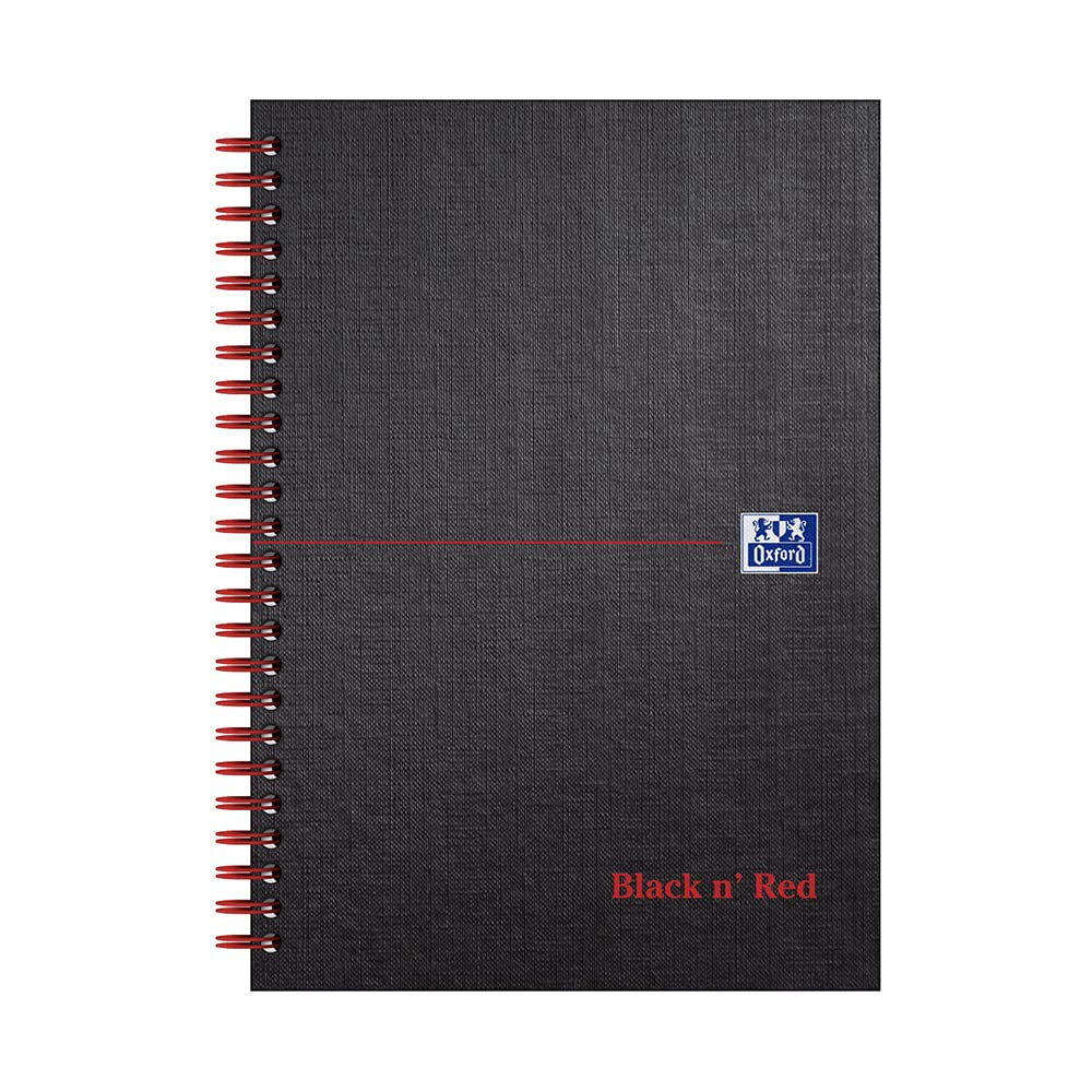 Oxford Black n' Red Ruled Matt Black Wirebound Hardback A5 Notebook, 140 Perforated Pages