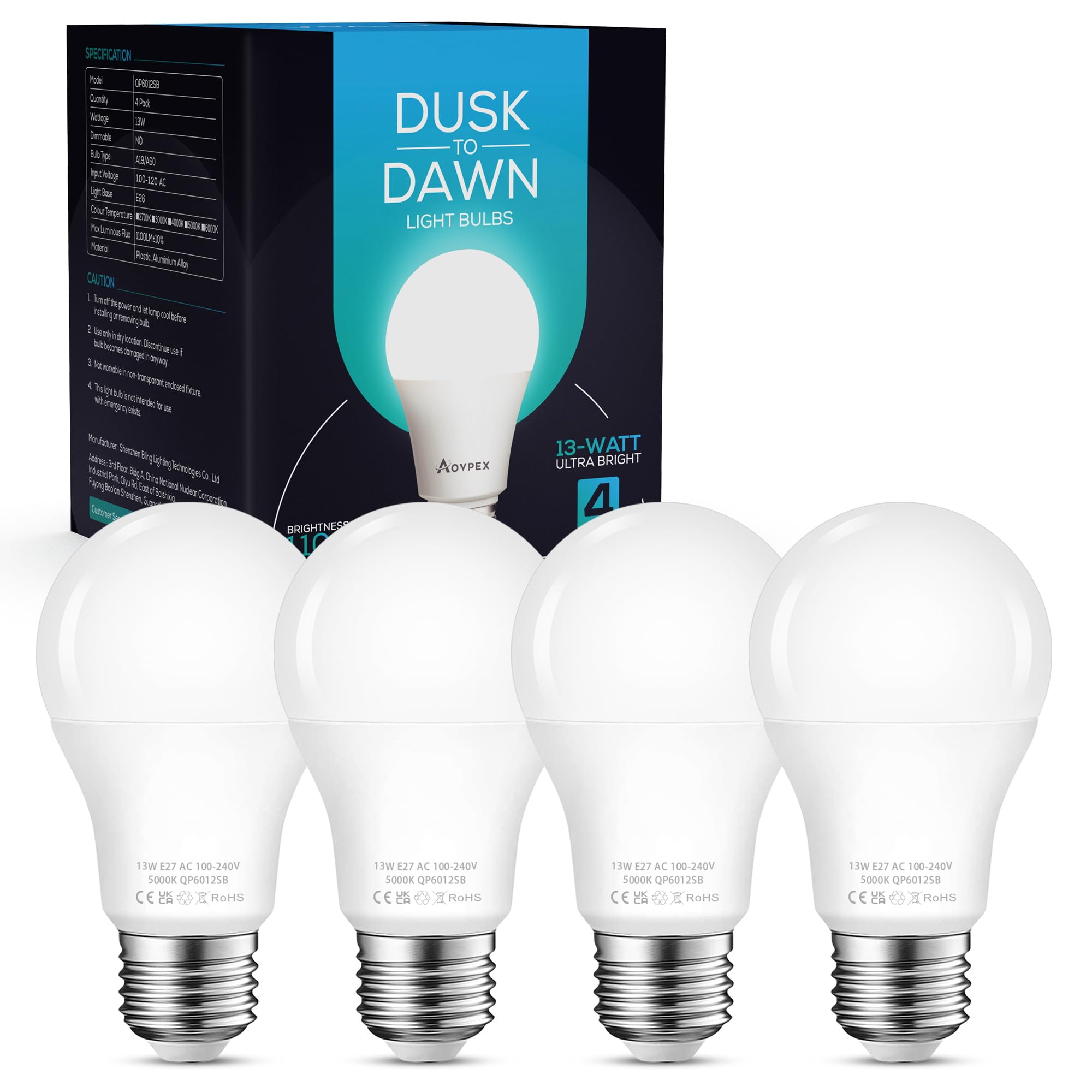 Torkase Dusk to Dawn Light Bulbs, 13W E27 Led Light Sensor Bulb 100W Equivalent, 6000K Cool White Auto On/Off Dusk Till Dawn Bulbs for Outdoor Garage Awning Light, 4 Pack