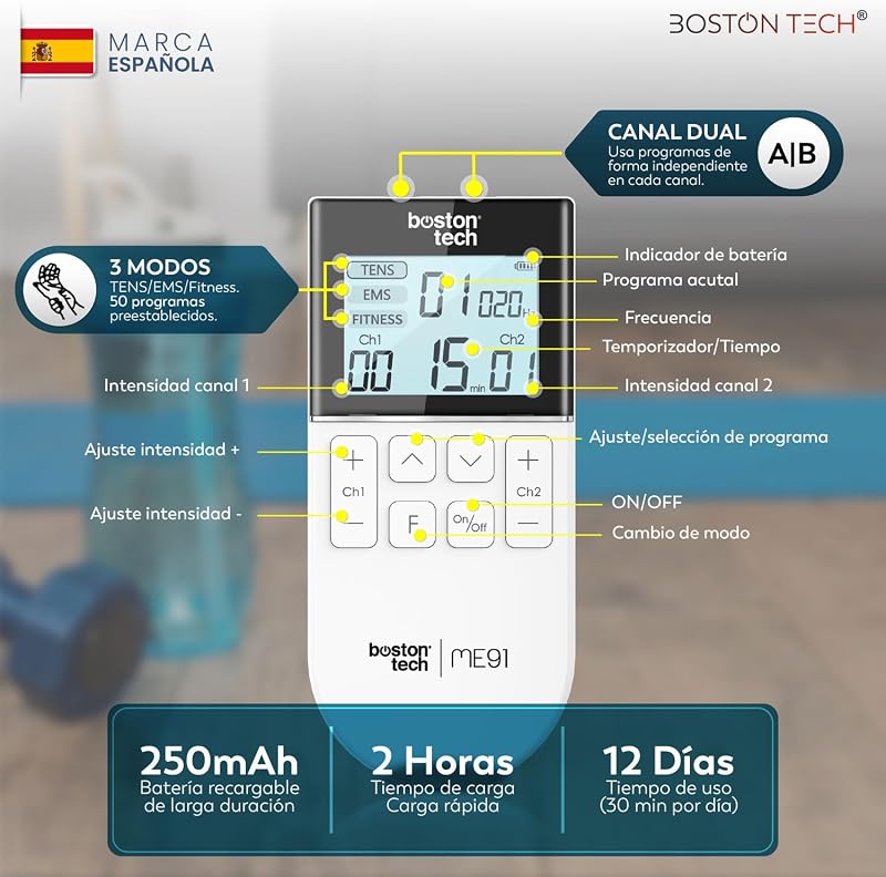 ® Estimulador Eletromuscular | 3 em 1: TENS + EMS + Fitness | Alívio eficaz da dor + Treino | 2 canais + 50 modos + 16 níveis de intensidade + inclui caixa + 4 eletrodos