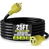 25ft Generator Extension Cord 30 AMP 3-Prong (L5-30P/L5-30R) - 10AWG3 125/250V STW - Hook and Loop Strap UL Approved by LifeS