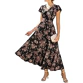 GRACE KARIN 2026 Women Summer Dress,Maxi Short Sleeve Floral Dresses,Semi Formal Flowy Wedding Guest Dress with Pocket