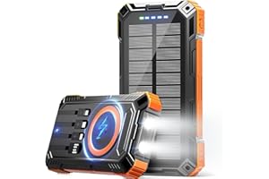 JSKEI Solar Power Bank 49800mAh Wireless Portable Charger with USB-C 15W Fast Charging with 4 Built-in Cables LED Flashlight Battery Pack Compatible with iPhone, iPad, Smartphone,Perfect for Camping, Hiking