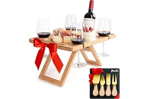 PITICCO Bamboo Charcuterie Picnic Table, Portable Wooden Outdoor Picnic Wine Table with 4 Gold Cheese Knives & Detachable Knife Stand, Gift for Cheese & Wine Lovers