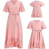 AWIBMK Boho Mommy and Me Dress Summer Holiday Casual Ruffle Sleeve V-Neck Midi A-Line High Low Dresses with Belt